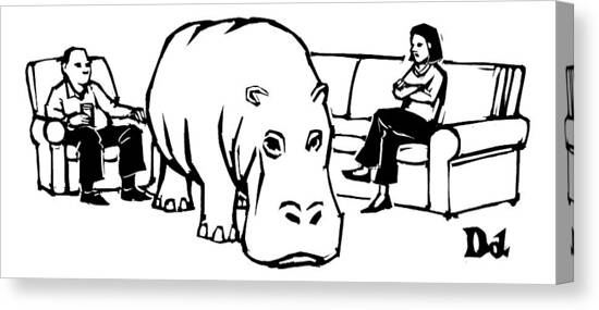 A Giant Hippopotamus Is In The Middle Of A Living Canvas Art Print by Drew Dernavich