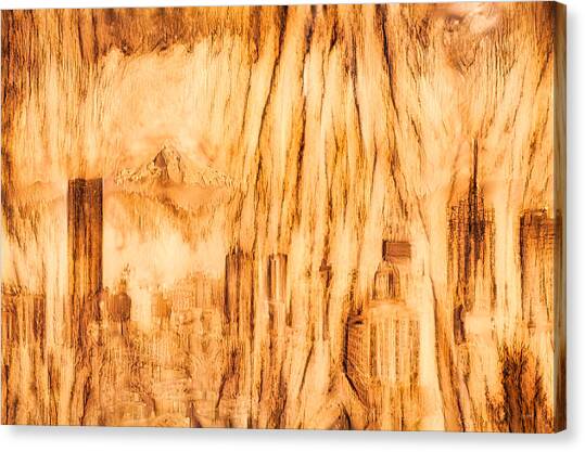 Portland and Mt Hood with wood grain Canvas Art Print by Bruce Block