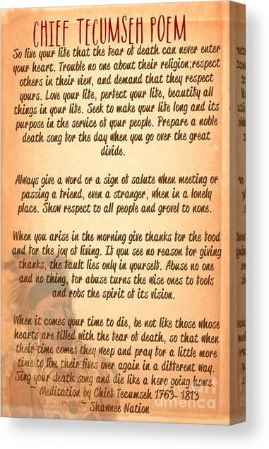 Chief Tecumseh Poem - Live Your Life #2 Canvas Art Print by Celestial Images