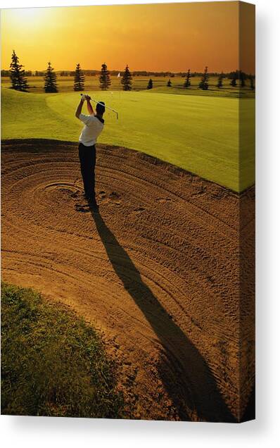 Golfer Taking A Swing From A Golf Bunker Canvas Art Print by Darren Greenwood