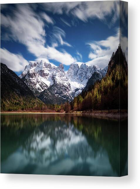 Majestic Snowy Dolomites Reflected in Lake Canvas Print