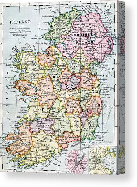 Irish Free State and Northern Ireland from Bacon s Excelsior Atlas of the World Canvas Art Print by English School