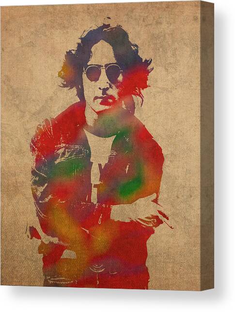 John Lennon Watercolor Portrait on Worn Distressed Canvas Canvas Art Print by Design Turnpike
