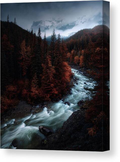Misty Mountain River at Dusk Canvas Print