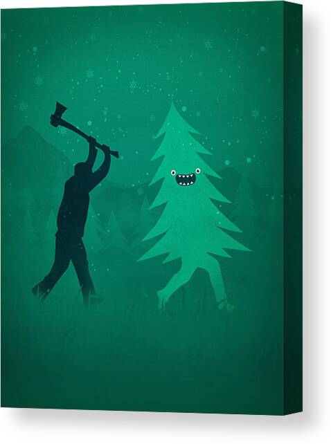 Funny Cartoon Christmas tree is chased by Lumberjack Run Forrest Run Canvas Art Print by Philipp Rietz