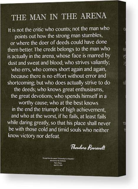 Man In The Arena on Black Chalk Board Roosevelt Quote Canvas Art Print by Desiderata Gallery