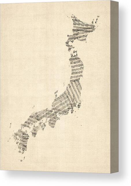 Old Sheet Music Map of Japan Canvas Art Print by Michael Tompsett
