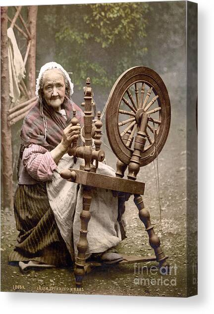 Irish Spinner And Spinning Wheel, 1890s Canvas Art Print by Science Source