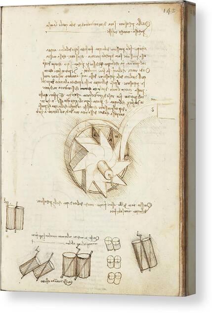 Folio f 142r. Codex Madrid I -Ms. 8937- 'Treaty of statics and mechanics', 192 folios with 384 pa... Canvas Art Print by Leonardo da Vinci -1452-1519-