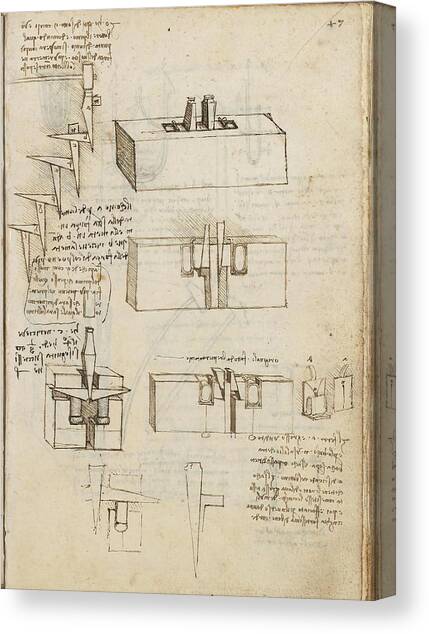 Folio f 47r. Codex Madrid I -Ms. 8937- 'Treaty of statics and mechanics', 192 folios with 384 pag... Canvas Art Print by Leonardo da Vinci -1452-1519-
