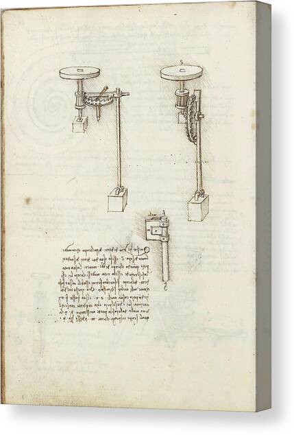 Folio f 61v. Codex Madrid I -Ms. 8937- 'Treaty of statics and mechanics', 192 folios with 384 pag... Canvas Art Print by Leonardo da Vinci -1452-1519-