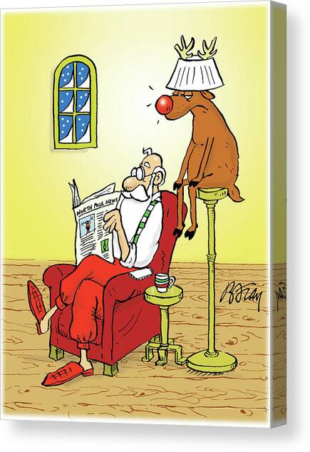 Santa Reading Newspaper By The Light Of Rudolph's Nose Canvas Art Print by Brian Fray