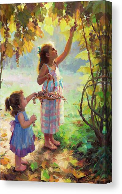 Children Picking Grapes in Sunlit Vineyard Canvas Print