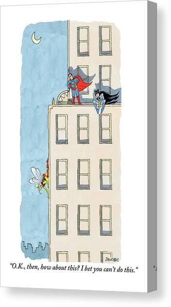 An Obscure Superhero Tries To Challenge Superman Canvas Art Print by Jack Ziegler