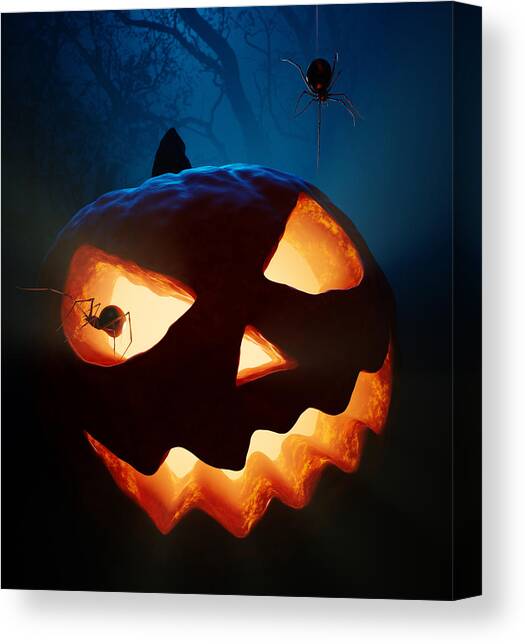 Halloween pumpkin and spiders Canvas Art Print by Johan Swanepoel