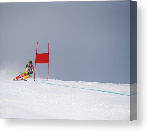 Giant Slalom Skier Rounds Gate At High Canvas Art Print by Ascent Xmedia