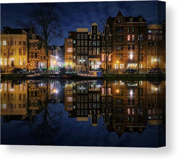 Nighttime Canal Reflection in Amsterdam Canvas Print
