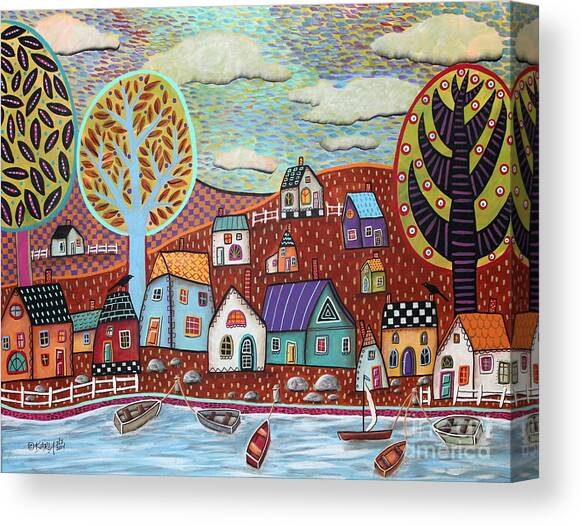 Colorful Whimsical Village by the Lake Canvas Print