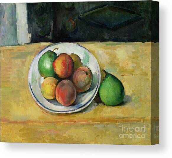 Still Life with a Peach and Two Green Pears Canvas Art Print by Paul Cezanne