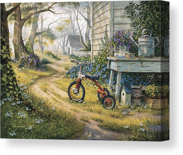 Tricycle in a Serene Garden Path Canvas Print