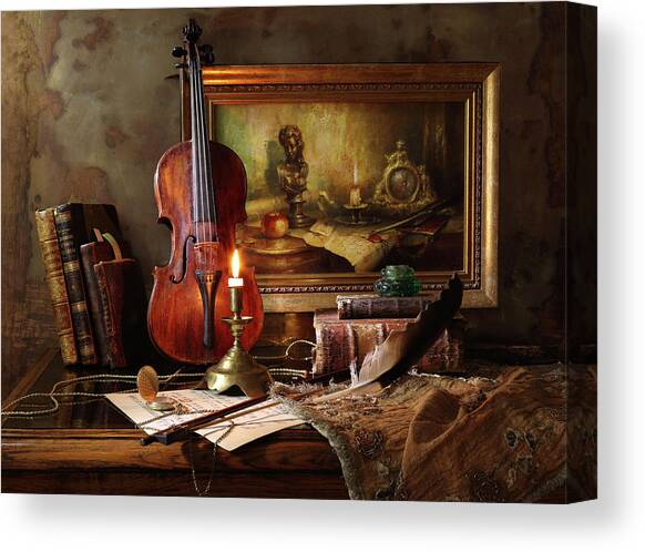Still Life With Violin And Painting #1 Canvas Art Print by Andrey Morozov