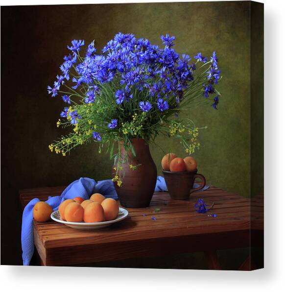 Still Life With A Bouquet Of Cornflowers And Apricots Canvas Art Print by ??????? ????????