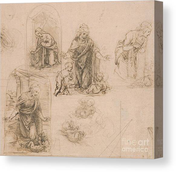 Compositional Sketches for the Virgin Adoring the Christ Child Canvas Art Print by Leonardo Da Vinci