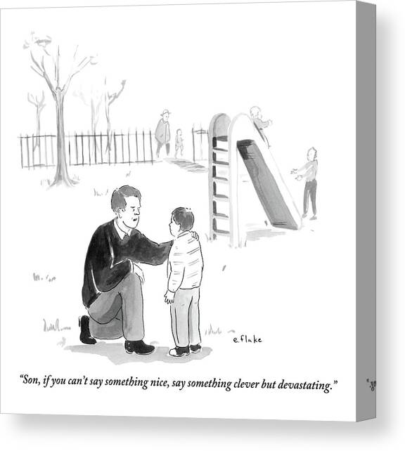 A Father Encourages His Son At The Playground Canvas Art Print by Emily Flake