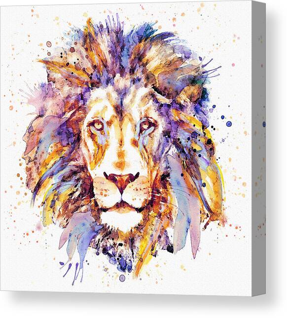 Lion Head Watercolor Portrait - Vibrant Wildlife Illustration by Marian Voicu Canvas Art Print by Marian Voicu