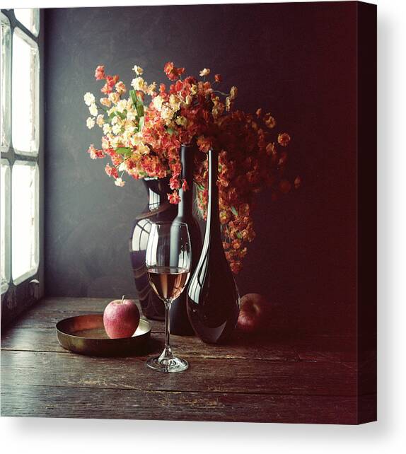 Still Life With Wine And An Apple Canvas Art Print by Luiz Laercio
