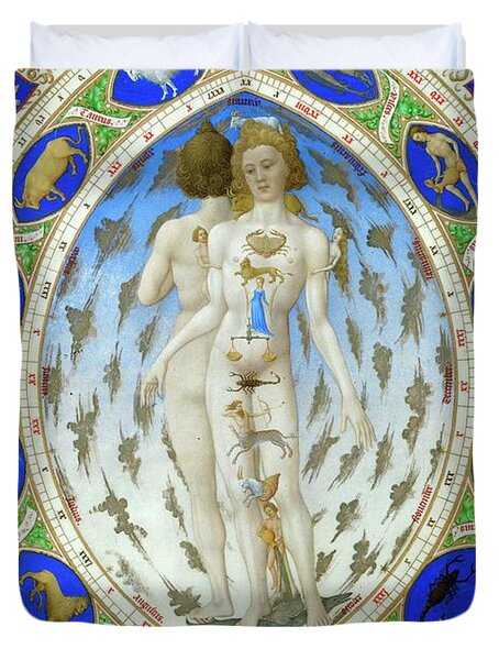 Les Tres Riches Heures Du Duc De Berry, French 15th Century, Zodiac And Anatomy Of Man And Woman. Duvet Cover