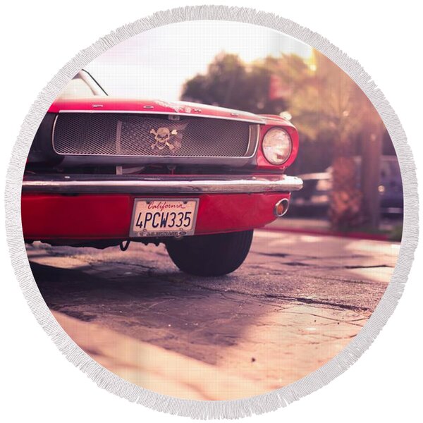 Vintage Red Ford Mustang Round Beach Towel