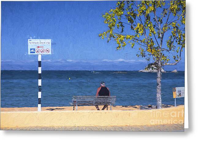Man On Bench At Kaiteriteri Greeting Card