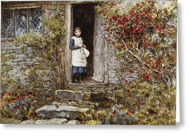 Cottage Garden Plant Flowers Door Doorway C19th C20th English Girl Female Greeting Cards