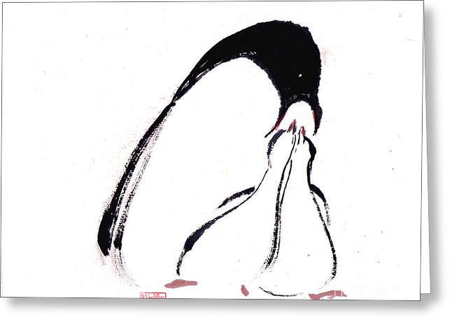 An Adult Penguin Feeding The Babies This Is A Contemporary Chinese Ink Greeting Cards