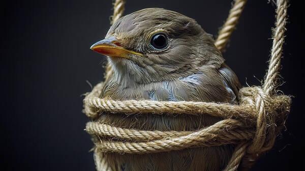 Powerful Closeup Showing Nature's Fragility Through A Bound Bird's Eye And Detailed Feathers, Emphasizing The Interplay Of Freedom And Constraint Poster