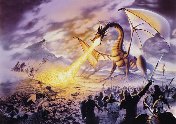 Brave Warrior Battling a Massive Dragon Picture Poster Art Fight Framed Print 