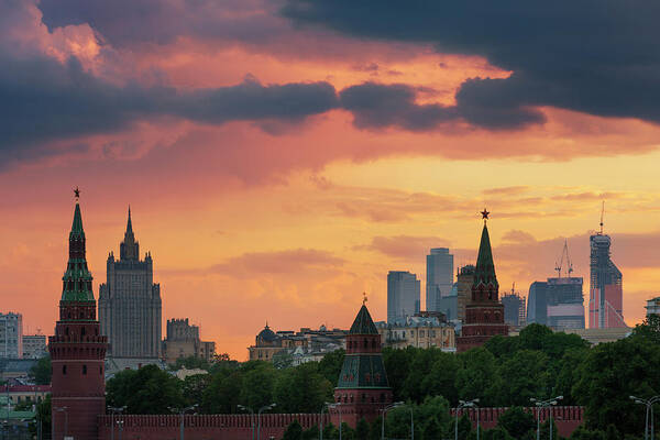 Moscow Skyline At Dusk Poster by Jon Hicks