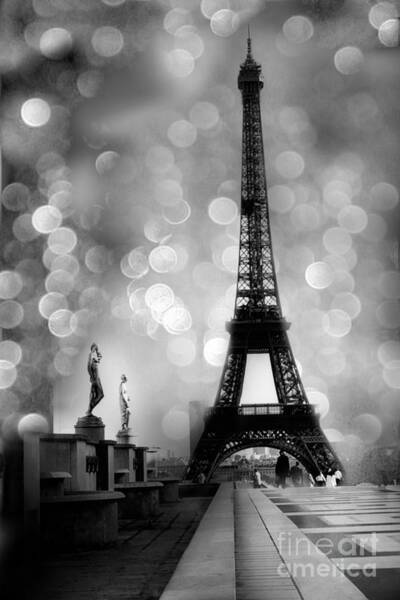 Paris Eiffel Tower Surreal Black And White Photography - Eiffel Tower Bokeh Surreal Fantasy Night Art Print
