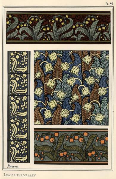 Lily In Patterns For Borders, Ceramic Tiles And Stained Glass. Lithograph By A. Poidevin. Art Print