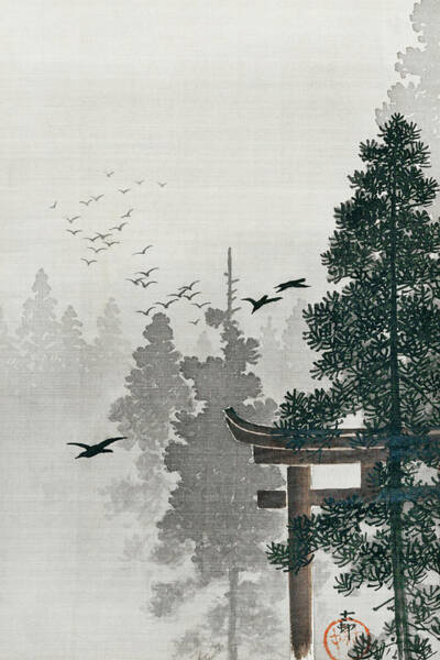Wall Art - Painting - Flock of birds and a torii gate in a pine tree forest by Ohara Koson