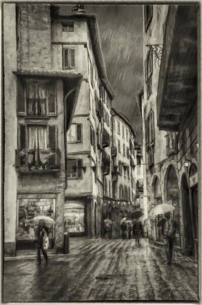 Walking In The Rain - Bergamo - Bw Art Print