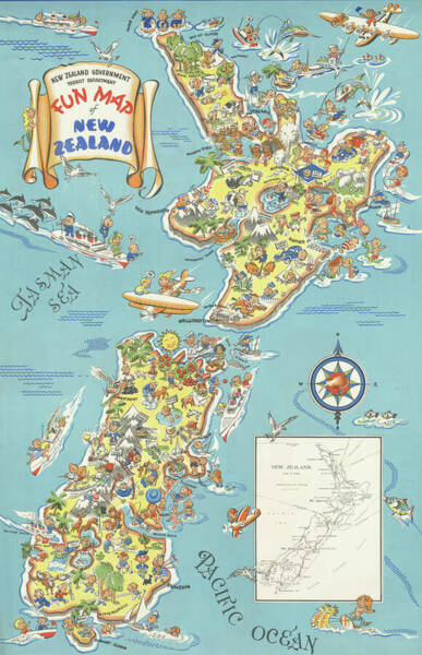 Wall Art - Painting - New Zealand Fun Map Vintage Travel Poster by Vintage Travel Poster