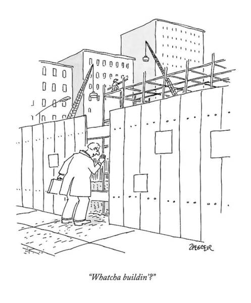 Wall Art - Drawing - A Man With A Briefcase Looks Downwards by Jack Ziegler