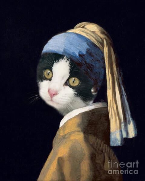 Wall Art - Painting - Cat with a pearl earring by Delphimages Photo Creations