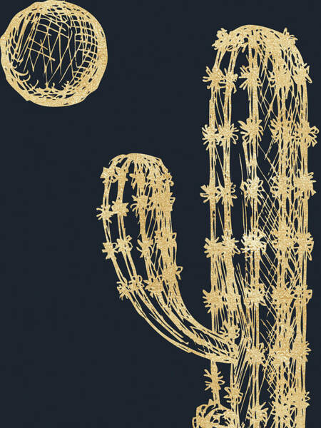 Gold Glitter Cactus - Night Art Print