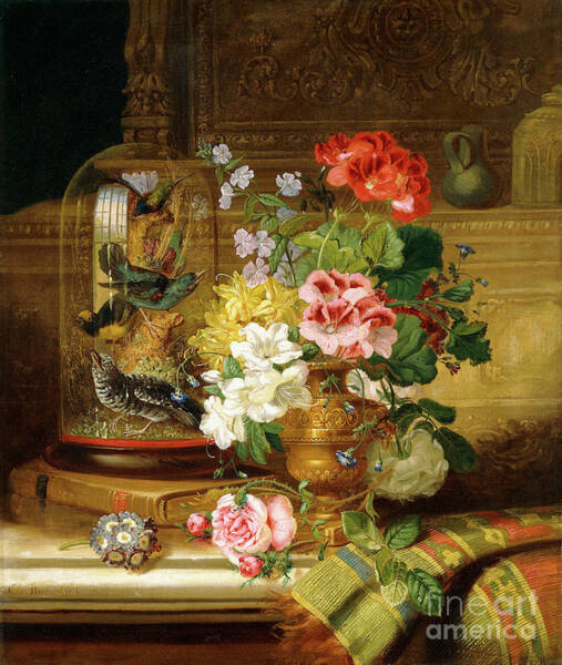 Wall Art - Painting - A Vase Of Assorted Flowers And Songbirds On A Ledge, 1867 by William John Wainwright