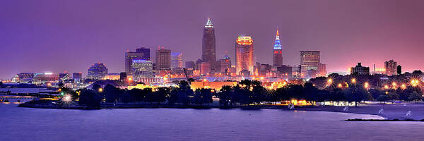 Cleveland Skyline At Night Evening Panorama Art Print