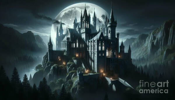Wall Art - Digital Art - Mysterious Gothic Castle, A dramatic moonlit view of a gothic castle by Jeff Creation