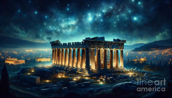 The Ancient Ruins Of The Parthenon On A Starry Night, With The Glow Of Athens In The Background. Art Print